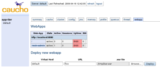 Virtual Host:default, URL:/foo, .war file:/tmp/foo.war, Deploy button