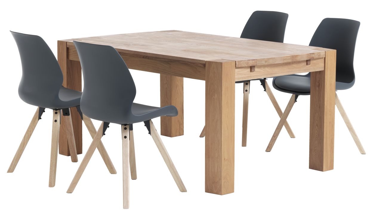 OLLERUP L160 Tisch Eiche + 4 BOGENSE Stühle grau JYSK