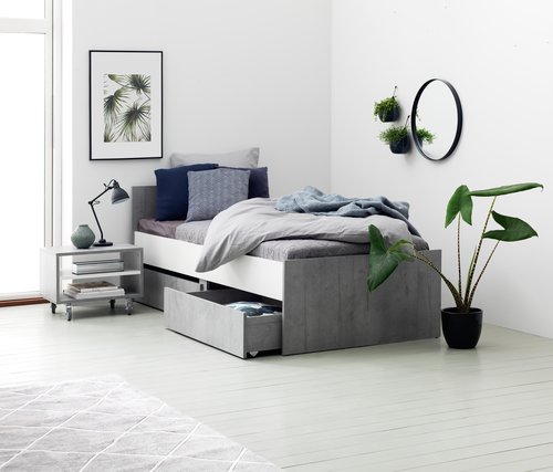 Bed w/storage BILLUND Single 90×200 white/concrete