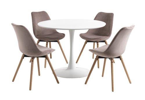 RINGSTED Ø100 pöytä valkoinen +4 KASTRUP tuoli roosa sametti
