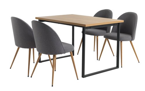 AABENRAA L120 bord ek + 4 KOKKEDAL stol grå/ek