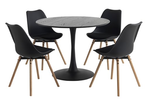 RINGSTED Ø100 tafel zwart + 4 KASTRUP stoelen zwart