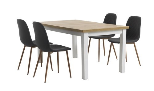 MARKSKEL L150/193 table + 4 JONSTRUP chaises asphalte/chêne