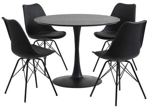 RINGSTED Ø100 pöytä musta + 4 KLARUP tuoli musta