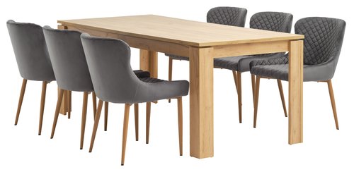 LINTRUP L190/280 bord eik + 4 stol PEBRINGE grå fløyel