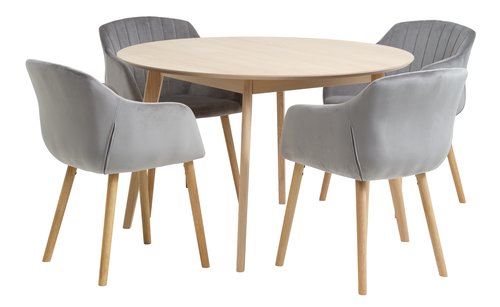 KALBY Ø120 table chêne + 4 ADSLEV chaises velours gris