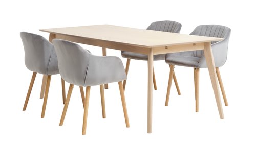 KALBY L160/250 table oak + 4 ADSLEV chairs grey velvet