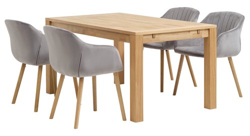 HAGE L150 Tisch Eiche + 4 ADSLEV Stühle grauer Samt
