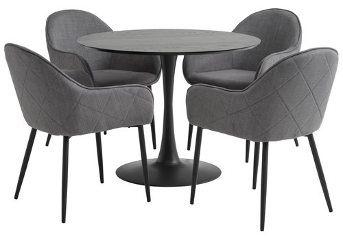 RINGSTED Ø100 table noir + 4 SABRO chaises gris/noir