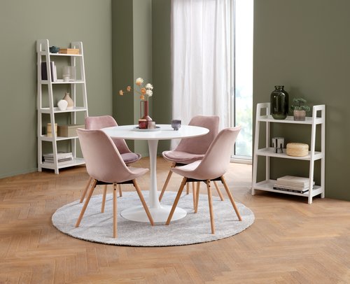 RINGSTED Ø100 stol bijela + 4 KASTRUP stolice roza baršun