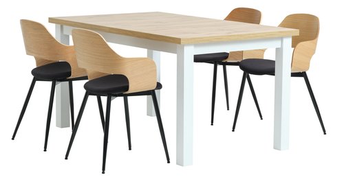 MARKSKEL L150/193 tafel + 4 HVIDOVRE stoelen eiken/zwart