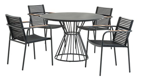 FAGERNES Ø110 tafel grijs + 4 NABE stoelen zwart