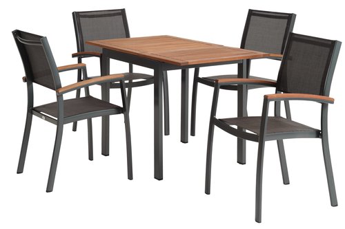 YTTRUP L75/126 bord hårdträ + 4 MADERNE stapelstol grå