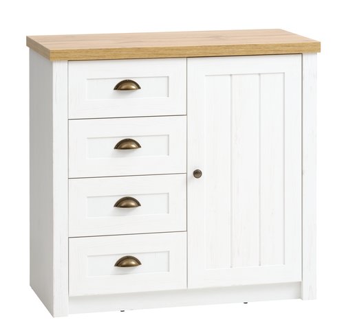 Commode 4 tiroirs 1 porte MARKSKEL blanc/chêne