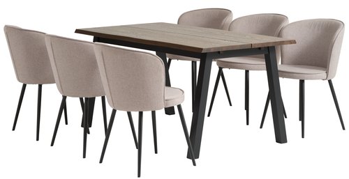 SKOVLUNDE L160 bord mørk eik + 4 RISSKOV stol lys grå