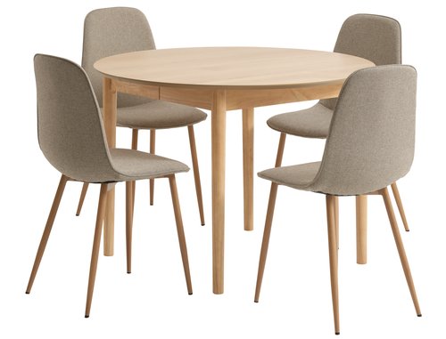 MARSTRAND Ø110 stôl dub + 4 BISTRUP stoličky piesková