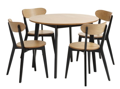 JEGIND Ø105 Tisch Eiche + 4 JEGIND Stühle schwarz/Eiche JYSK