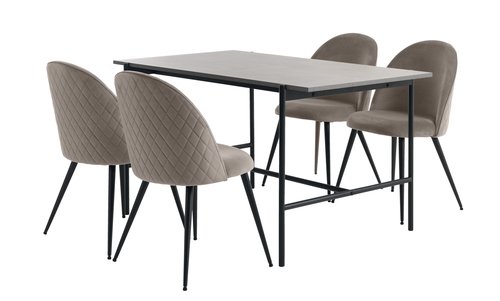 TERSLEV L140 bord + 4 KOKKEDAL stol sammet grå