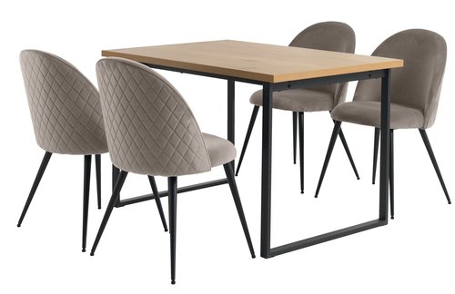 AABENRAA L120 bord ek + 4 KOKKEDAL stol grå sammet