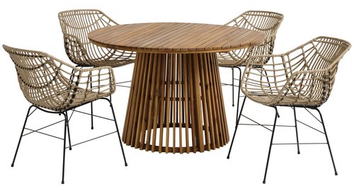 HOLTE Ø120 stůl tvrdé dřevo + 4 ILDERHUSE židle přírodní