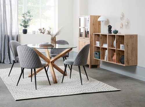 AGERBY Ø119 table chêne + 4 KOKKEDAL chaises velours gris