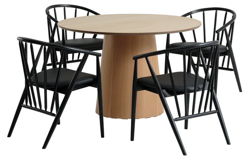 KLIPLEV Ø120 pöytä tammi + 4 ARNBORG tuoli musta