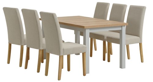 MARKSKEL L150/193 tafel lichtgrijs + 4 TUREBY stoelen beige