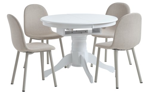 ASKEBY Ø100 lisälevyllä pöytä valk. + 4 EJSTRUP tuoli beige