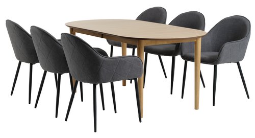 EGENS L190/270 tafel eiken + 4 SABRO stoelen grijs/zwart