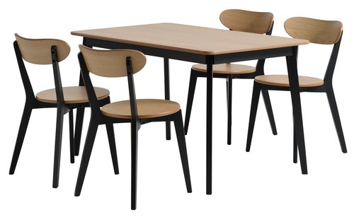 JEGIND L130 tafel eiken/zwart + 4 JEGIND stoelen eiken/zwart