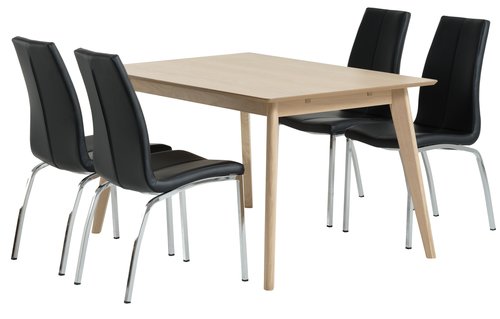 KALBY L130/220 tafel eiken + 4 HAVNDAL stoelen zwart