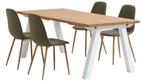 SKAGEN H200 asztal fehér/tölgy + 4 BISTRUP szék olívazöld