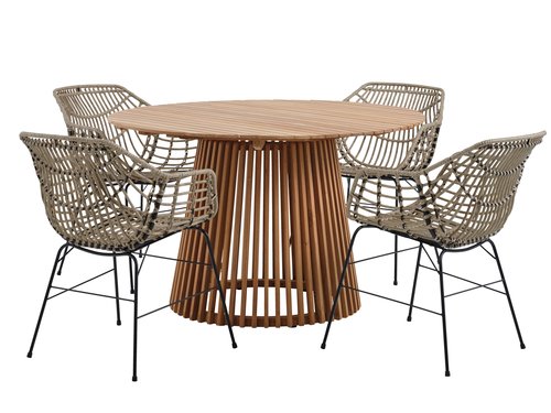 UDBYNEDER Ø120 τραπέζι τικ + 4 ILDERHUSE καρέκλες φυσικό