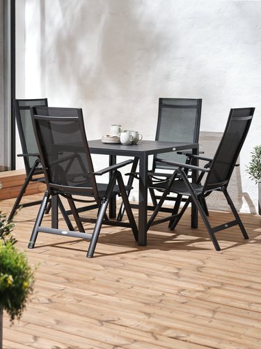 Table MADERUP L90 noir + 4 chaises LOMMA inclinable noir