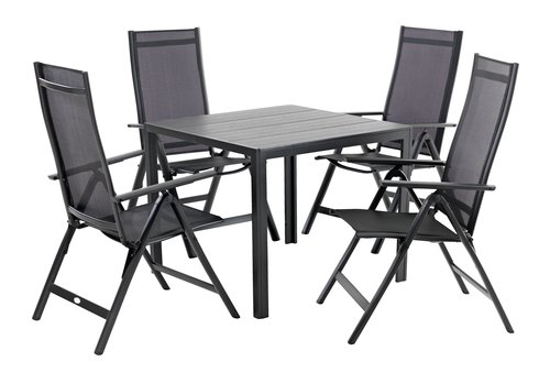MADERUP L90 table noir + 4 LOMMA chaise inclinable noir