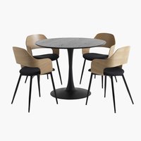 RINGSTED Ø100 tafel zwart + 4 HVIDOVRE stoelen eiken/zwart