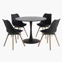 RINGSTED Ø100 tafel zwart + 4 KASTRUP stoelen zwart