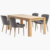 Table LINTRUP L190/280 chêne + 4 chaises PEBRINGE gris