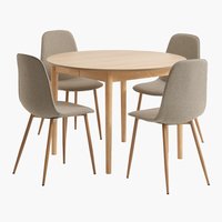 Table MARSTRAND Ø110 chêne + 4 chaises BISTRUP sable/chêne