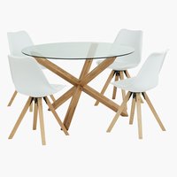 Mesa AGERBY Ø119 roble + 4 sillas BLOKHUS blanco