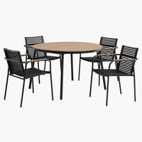 TAGEHOLM L118/168 table naturel + 4 NABE chaises noir