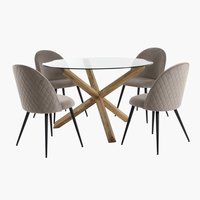 Table AGERBY Ø119 chêne + 4 chaises KOKKEDAL velours gris