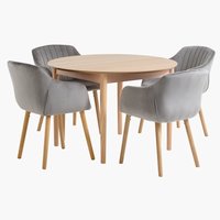 MARSTRAND D110 table oak + 4 ADSLEV chairs grey velvet