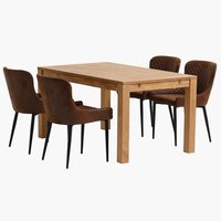 Table HAGE L150 chêne + 4 chaises PEBRINGE brun/noir