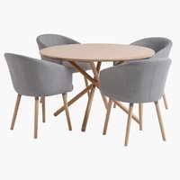 SKIBET Ø120 tafel l.grijs eiken+4 KLOSTER stoelen lichtgrijs