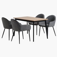 JEGIND L130 table chêne/noir + 4 SABRO chaises gris/noir