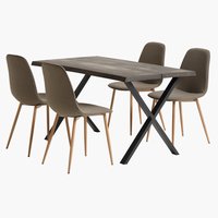 Table ROSKILDE L140 chêne foncé + 4 chaises BISTRUP olive