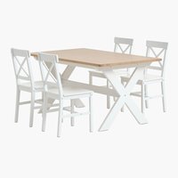 Table VISLINGE L150 naturel + 4 chaises EJBY blanc