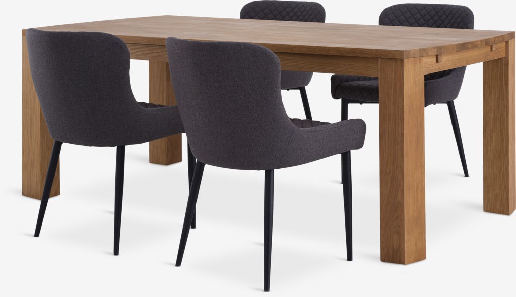 OLDE L200 table chêne + 4 PEBRINGE chaises gris/noir JYSK