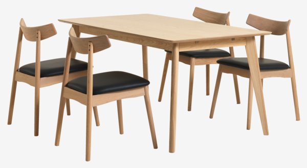 KALBY L160/250 table chêne + 4 LYNGHOLM chaises chêne/noir